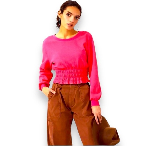 Anthropologie Tops - Anthropologie Maeve Smock Crop Boatneck Pullover Sweatshirt Pink Rose M